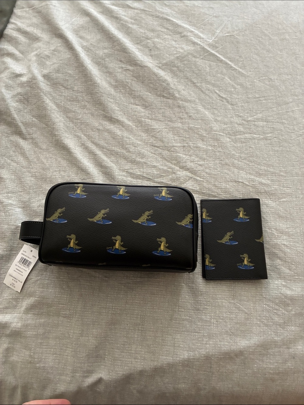 Men's Black Leather Travel Dopp Kit & Passport Case with Nautical Print